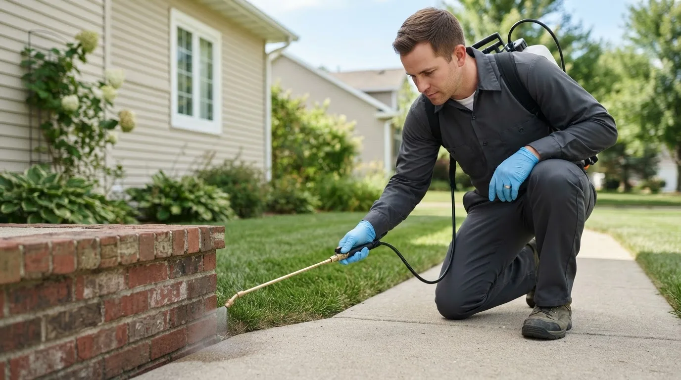 Pest control technician treating a home near Belgrade Lakes, ME