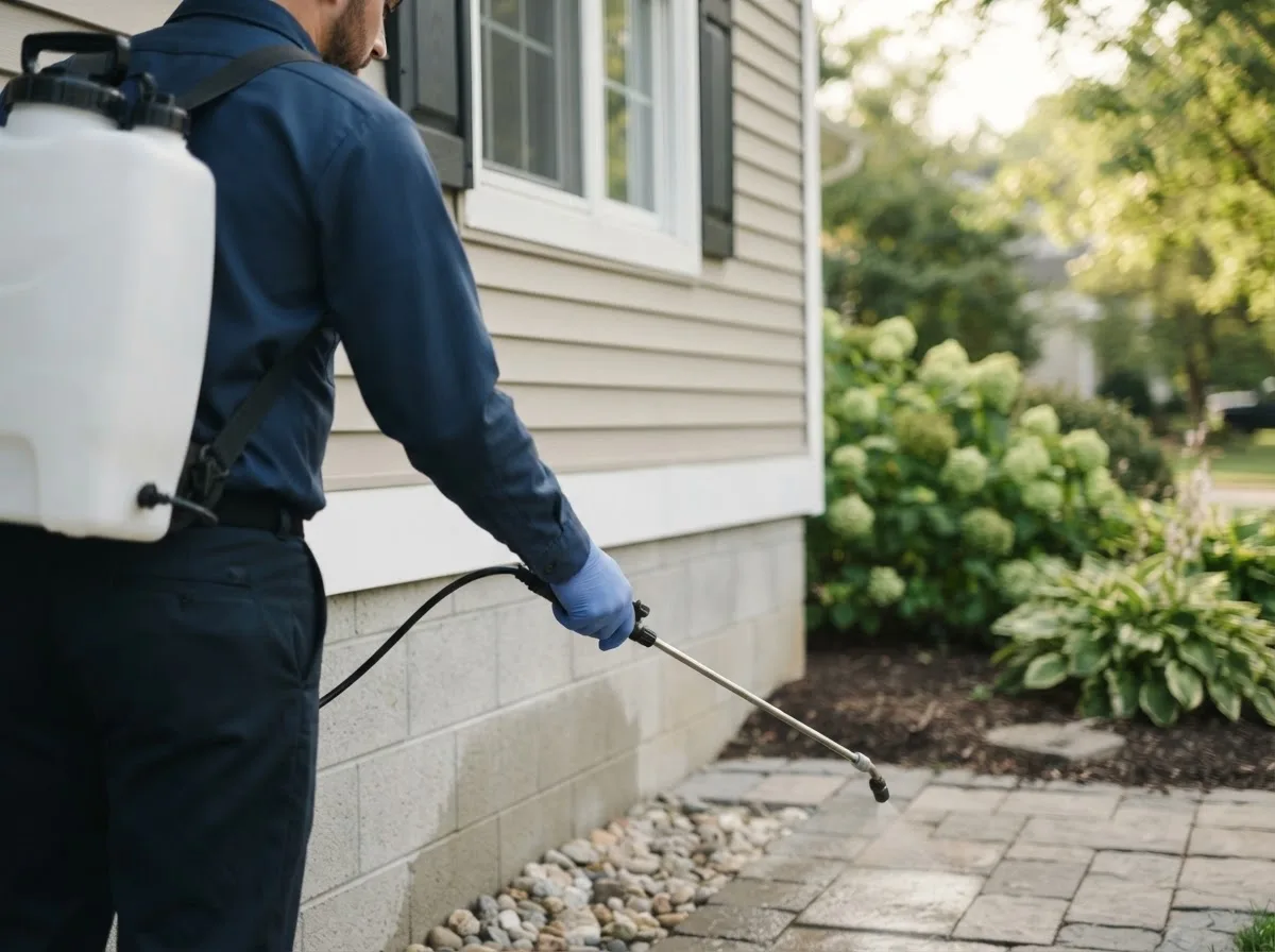 Pest control technician inspecting a home in Belgrade Lakes, ME